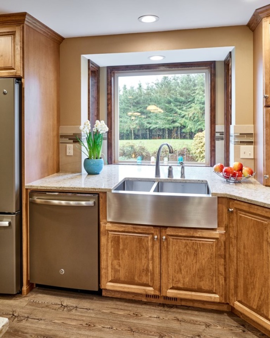 dark wood kitchen cabinets with stainless steel apron front sink 