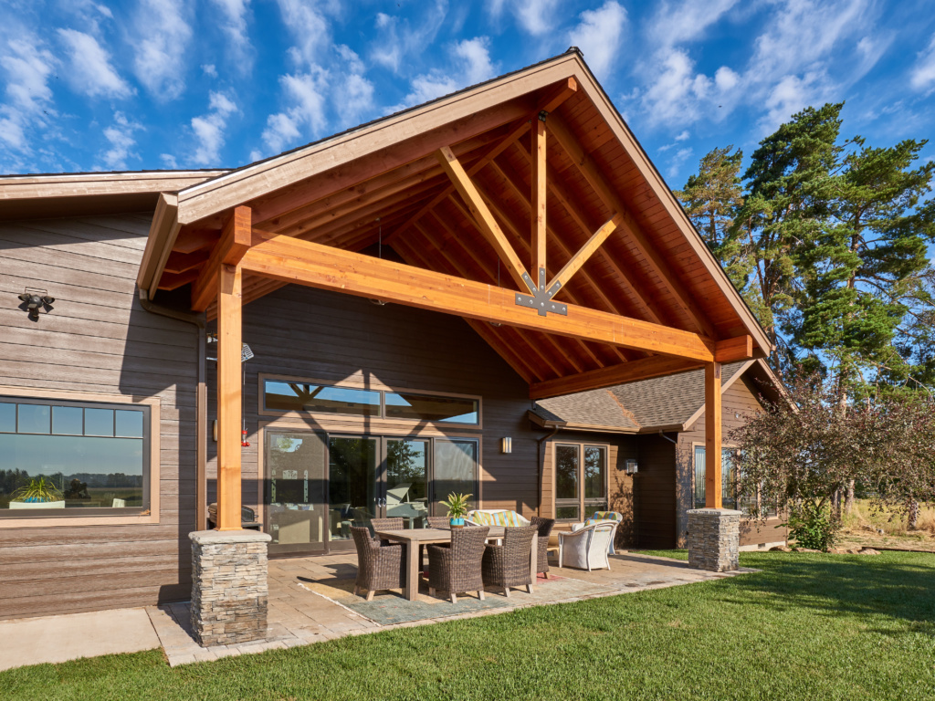 covered patio with timber beams