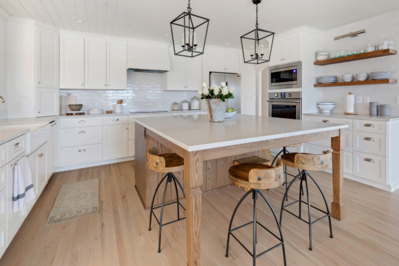 White island in remodeled kitchen White island countertop on wood island