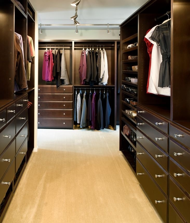 The dark cabinets in the walk-in closet coordinate with the bathroom vanity.