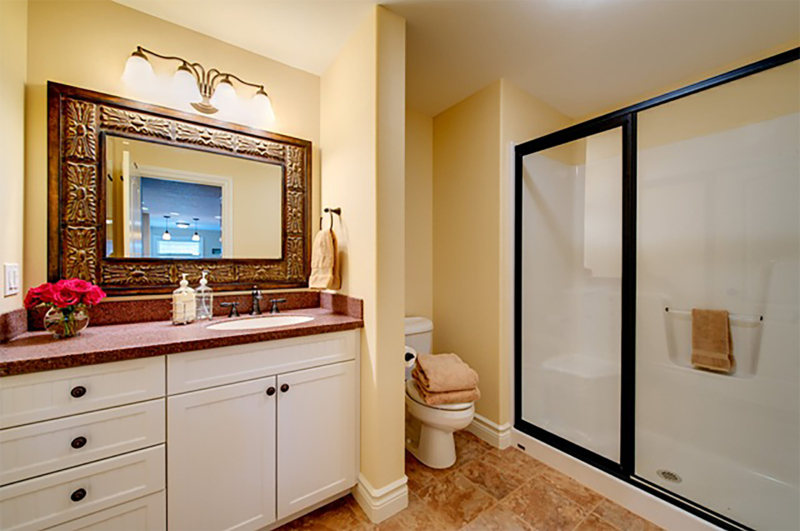 GUEST BASEMENT REMODEL - 04_LARGE The bathroom vanity with LG HiMacs counters and white cabinets.