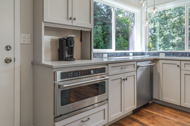 Stainless steel wall oven and appliance garage. Stainless steel wall oven and appliance garage.