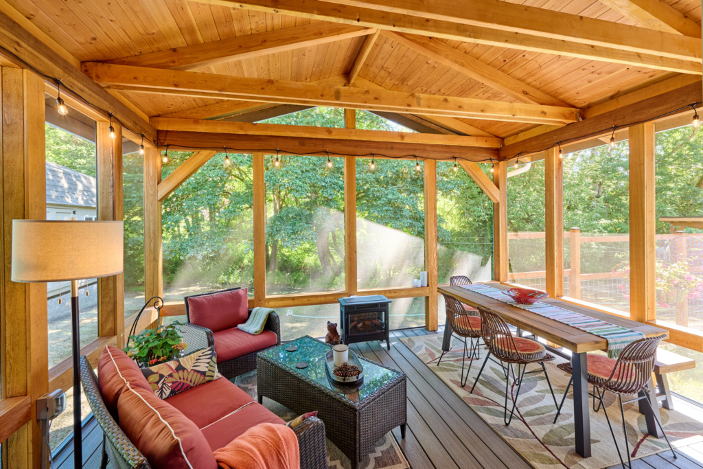 This screened covered porch is a nice oasis for relaxing in solitude or for gathering friends and family for visits.