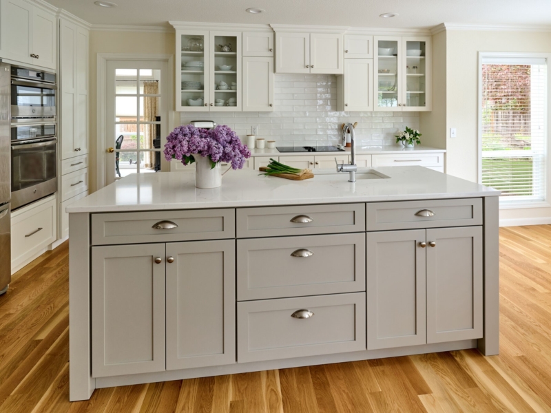 Tranquil gray-island cabinetry-Kitchen remodel-Powell Construction-Corvallis, OR Tranquil gray island cabinetry in kitchen remodel by Powell Construction of Corvallis OR