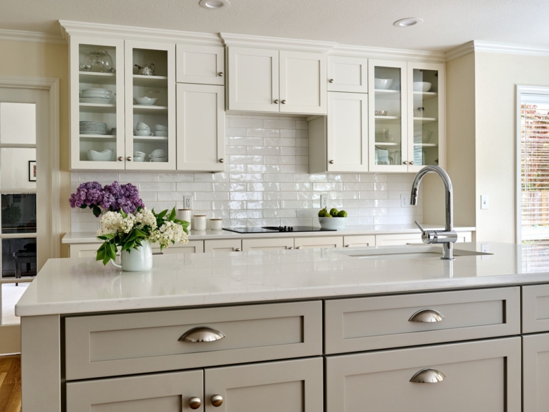 Ceiling height glass-front cabinets-Kitchen remodel-Powell Construction-Corvallis, OR Ceiling height glass-front cabinetry in kitchen remodel by Powell Construction of Corvallis OR