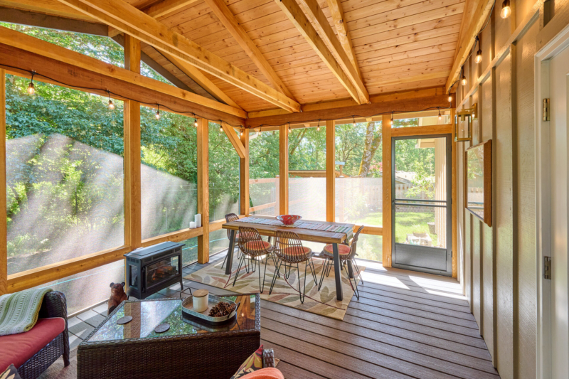 Screened in porch-Trex decking-electric stove-Corvallis OR-Powell Construction Elegant bedroom design interior