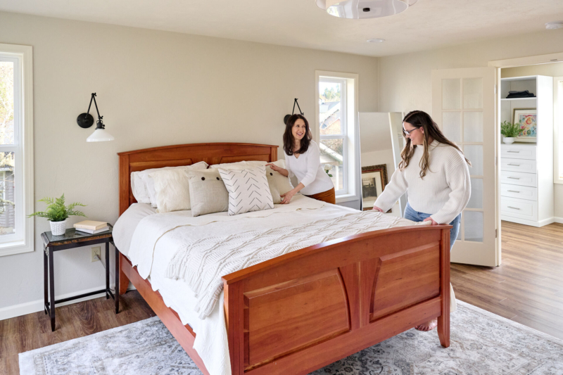 Photo shoot staging-Beautiful Primary Suite Addition-Powell Construction-Corvallis OR Heidi and Lindsay enjoying staging for this primary suite addition photo shoot