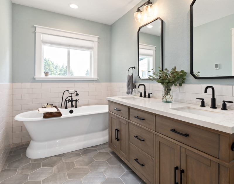 Gorgeous wood vanity in Modern Farmhouse Bath addition Gorgeous wood vanity in Modern Farmhouse Bath addition