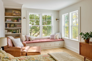 Warm white primary suite with window bench and built-in bookcase.