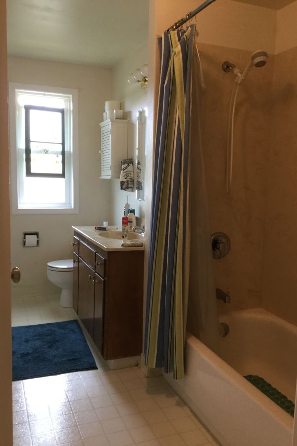 Hall bathroom with tub/shower combination, toilet and small vanity.