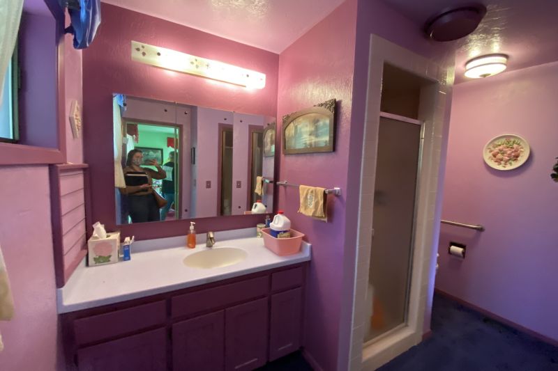 Pink primary bathroom prior to complete redesign by Powell Construction.