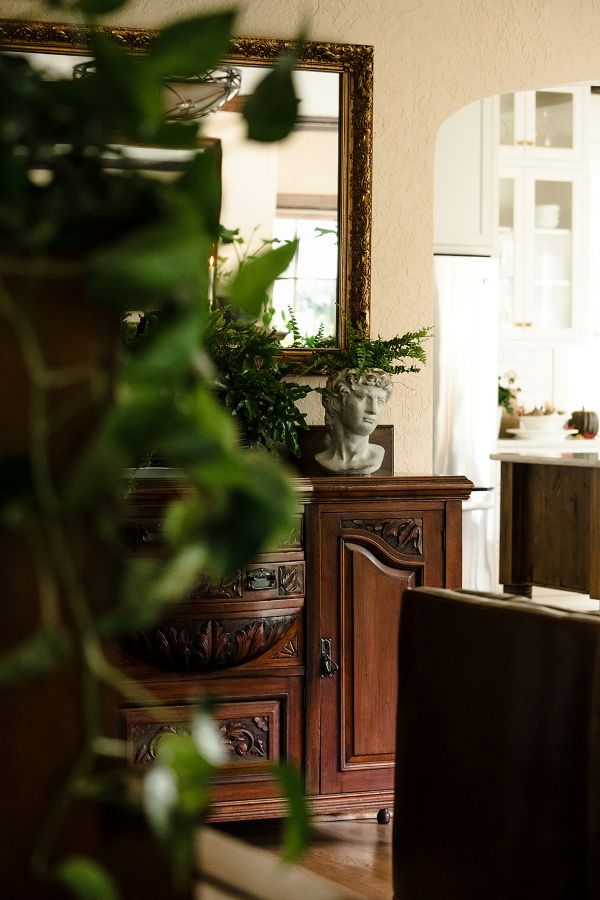 View from living room to kitchen with lots of greenery in foreground
