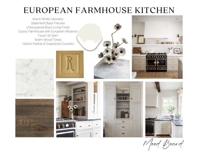 Mood board for a kitchen remodel displaying finishes and features of proposed design.