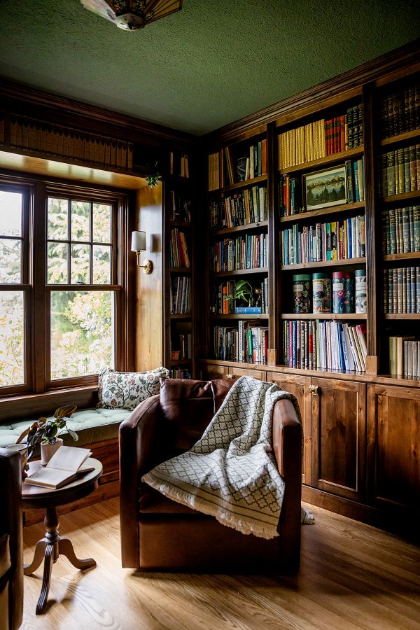 View of cozy sitting area in cottage study.