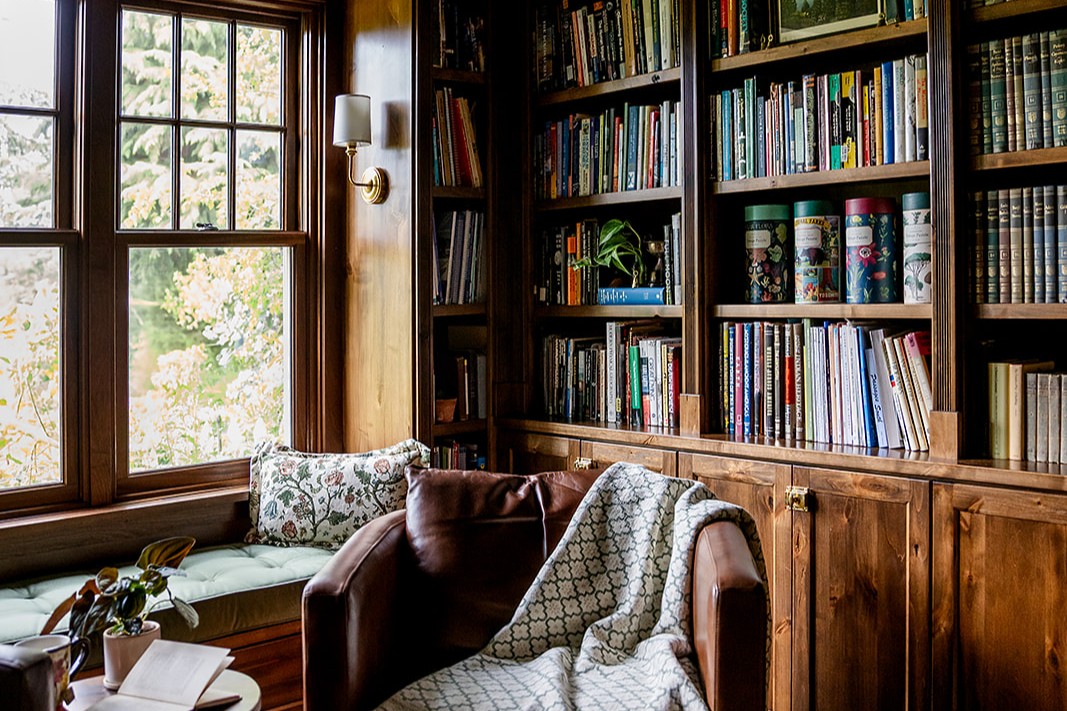 This cozy library is the perfect place to take a moment to charge in the midst of hectic holiday activities.