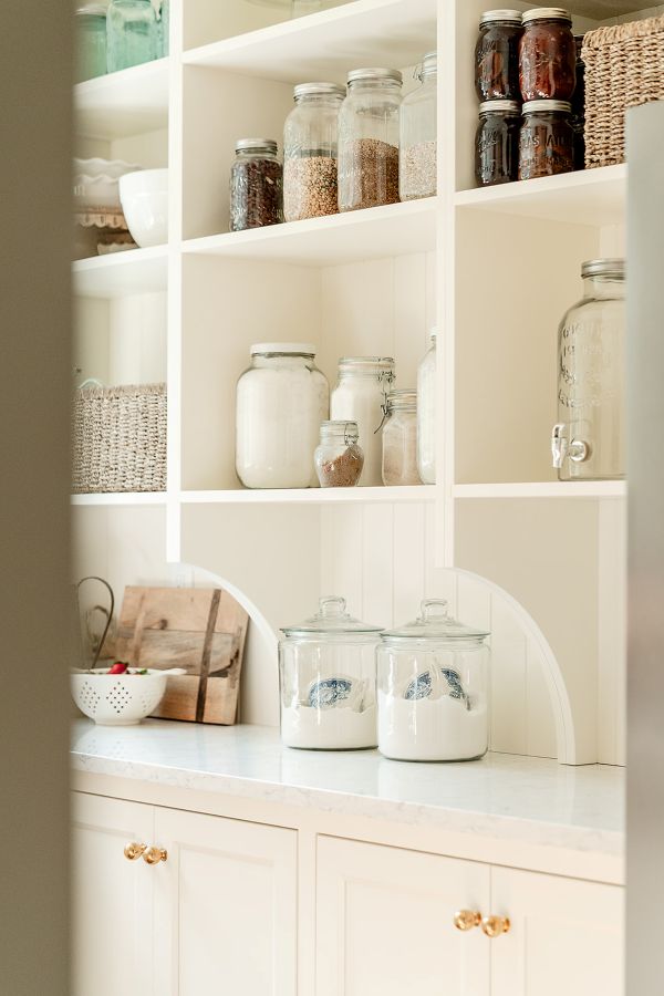 View-from-entry Open shelving in butlers pantry to store baking essentials