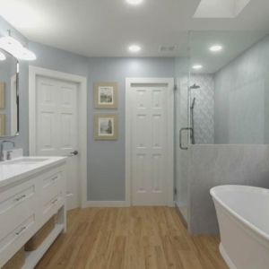 3-D rending of vanity, shower and free-standing bathtub in transitional bathroom design.