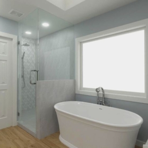 Angled 3-D rendering of bathtub under window and corner tiled shower.