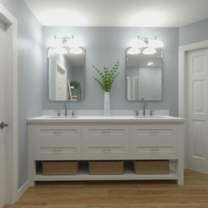 3-D rending of custom, white cabinietry in transitional bathroom design.