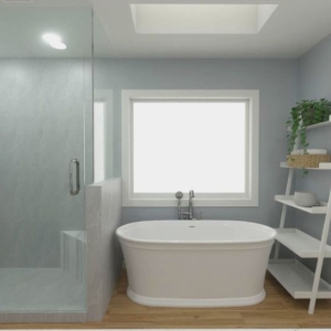 3-D rending of shower and free-standing bathtub in transitional bathroom design.