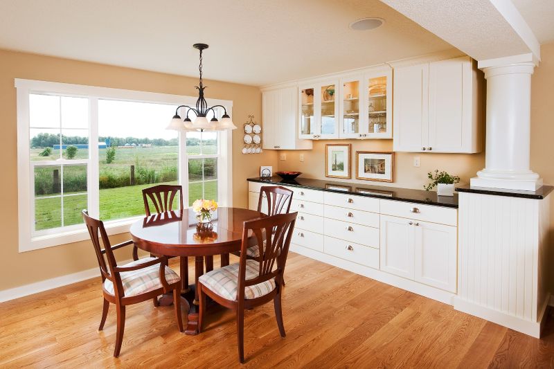 Built in cabinetry in this dining room serves as a hutch and dining buffet.