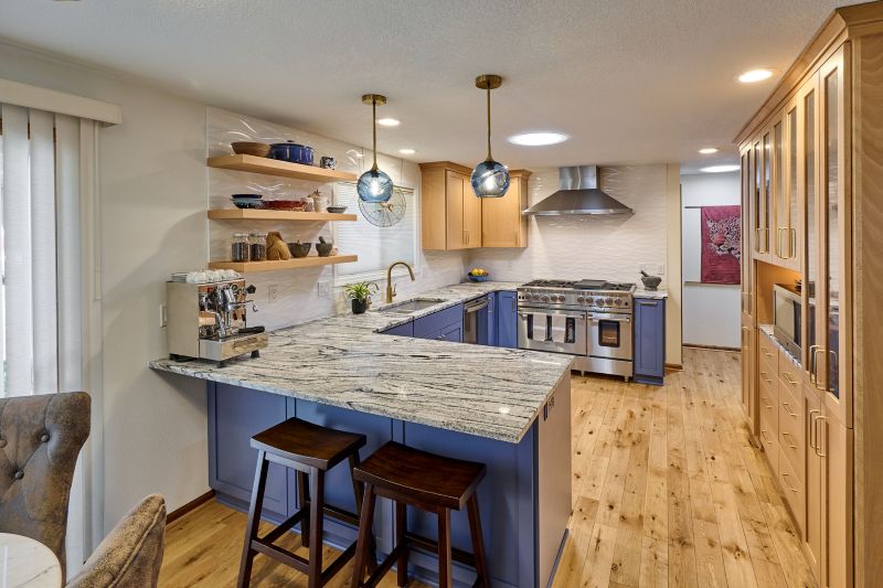 This built-in kitchen hutch provides extra storage, beautiful display space, and a microwave counter.