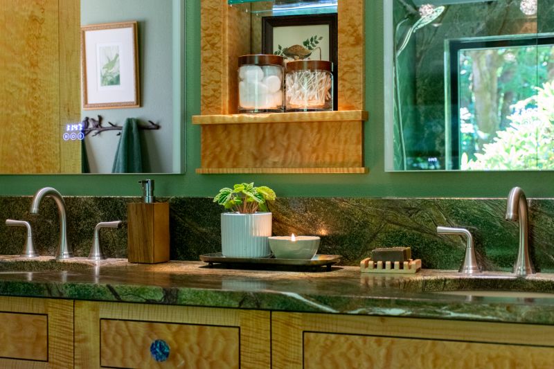 Built- in niche in coordinating wood to the vanity.